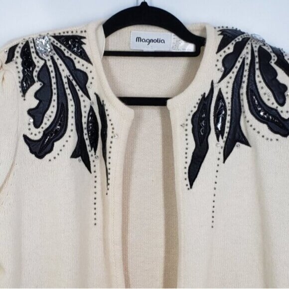 Vintage Lambswool Angora Open Cardigan Sweater Faux Leather Details with Bead… - Picture 5 of 15